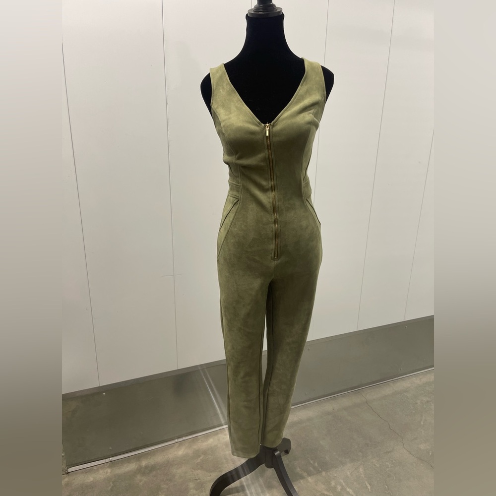 bebe Olive Sleeveless Jumpsuit with Zip Detail